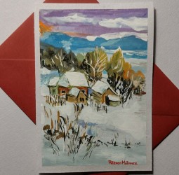 Felicitare pictata Apus de iarna 