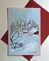 Felicitare pictată manual Casuța înzăpezită