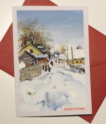 Felicitare pictată manual Iarna pe străduță