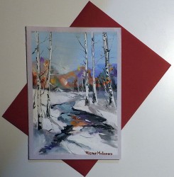 Felicitare pictată manual Iarna pe vale