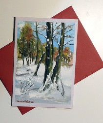 Felicitare pictată manual Pădurea iarna