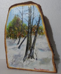 Prima zăpadă – pictură pe butuc de salcie, obiect de artă unicat