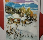 Felicitare pictata Apus de iarna 