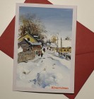 Felicitare pictată manual Iarna pe străduță