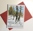 Felicitare pictată manual Pădurea iarna